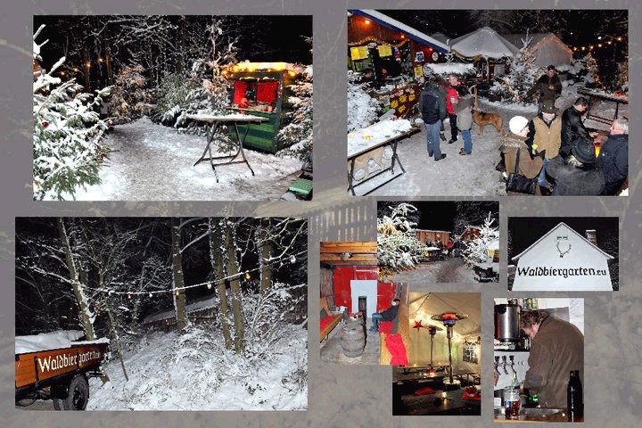 Der Waldbiergarten im winterlichen Schnee mit Lichterketten